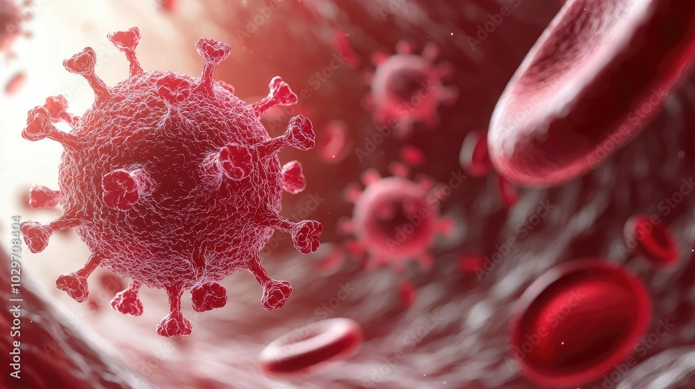 Poster microscopic view of a virus interacting with red blood cells, white isolate background.