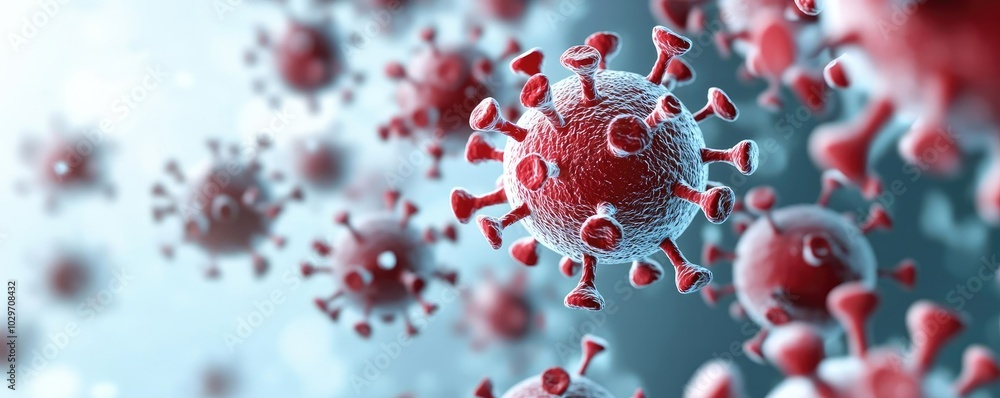 Poster 3d rendering of virus particles on a blurred background.
