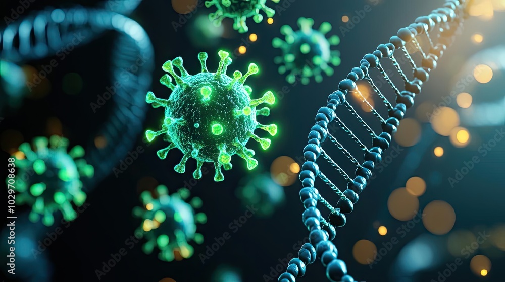 Poster microscopic view of virus particles interacting with dna strands.