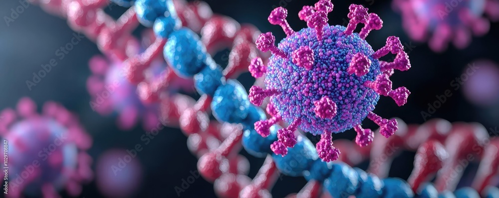 Poster close-up view of a virus on dna strands with colorful details, isolated background.