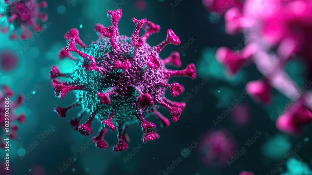 Poster close-up of a colorful virus structure on a vibrant background.