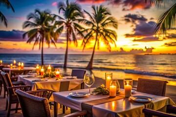 Fototapeta premium Beachfront Dining Experience at a Coastal Restaurant with Bokeh Effect