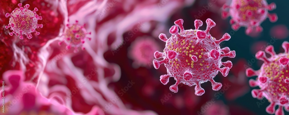 Poster microscopic view of virus particles on colorful background.