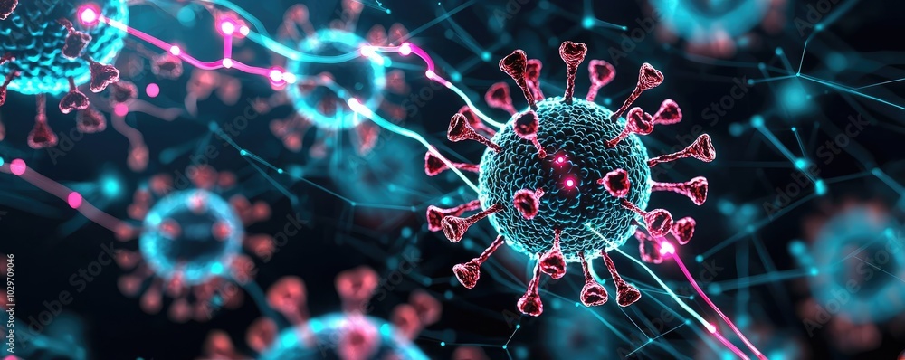 Poster virus structure with vibrant colors, isolated on a dark background.