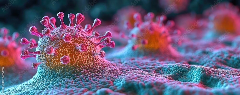 Poster colorful microscopic view of a virus under a microscope, detail and texture visible.
