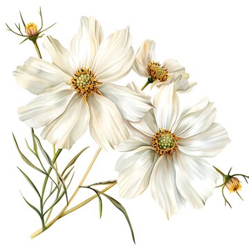 white cosmos flowers watercolor style clip art preview