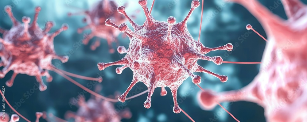 Poster microscopic view of virus cells in vibrant colors on a blurred background.