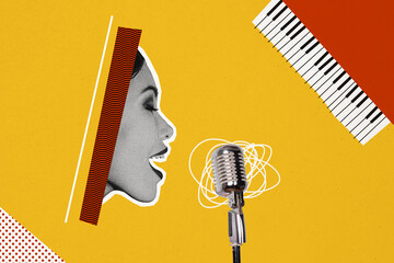 Composite collage picture image of lovely female singing mic create music musician have fun piano bizarre unusual fantasy billboard comics