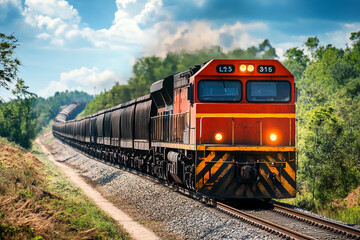Obraz premium A front view of a bulk freight train transporting raw materials like coal, grain, or ore, passing through a countryside