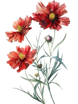 red cosmos flowers watercolor painting clip art preview