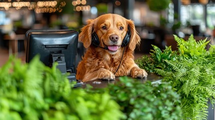 Cute Golden Retriever in Anime Style at a Reception Desk