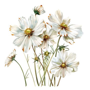 white cosmos flowers watercolor painting clip art preview