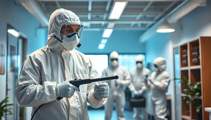 Man, cleaner and fumigation for hygiene, fresh and disinfectant for virus protection and maintenance. People, ppe suit and spray for bacteria, disease and prevention in office as team in pest contro