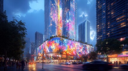 Obraz premium A blend of future and retro, sleek glass skyscrapers with colorful street art murals at their base, neon lights illuminating the vibrant streets below