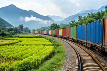 Fototapeta premium A side view of a longdistance cargo train passing through a rural area, loaded with containers for export