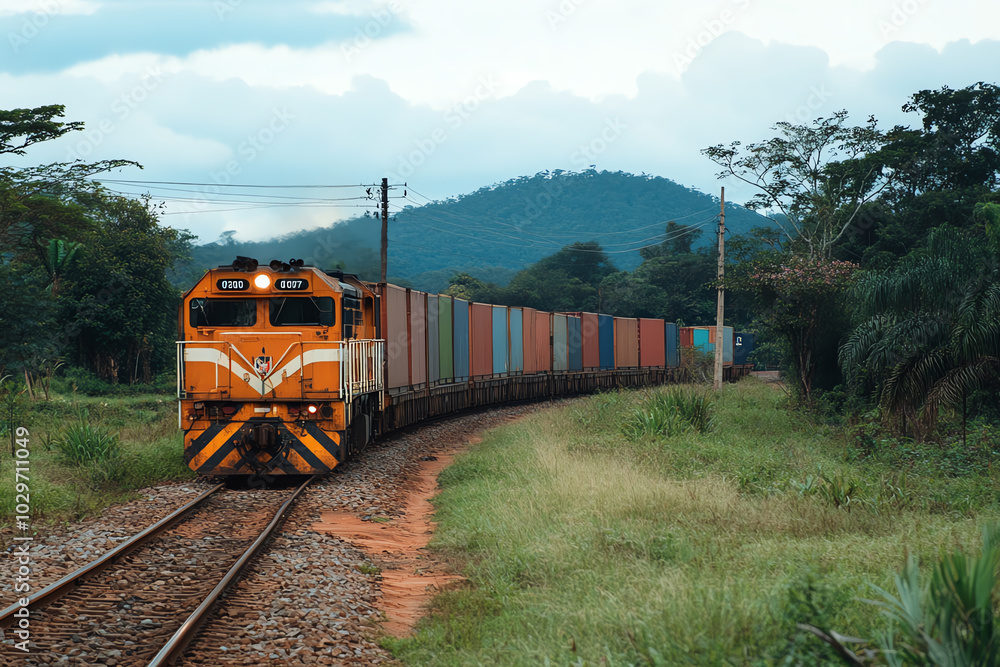 Poster a side view of a longdistance cargo train passing through a rural area, loaded with containers for e