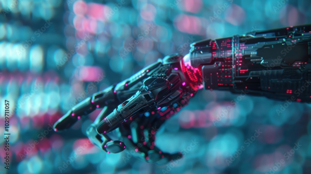 Aufkleber a close-up of a futuristic robotic hand illuminated by neon lights, representing advanced technology