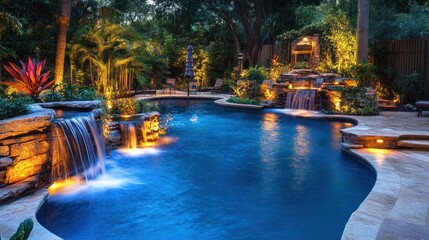 Garden pool decor with elegant water features, modern furniture, and vibrant lighting