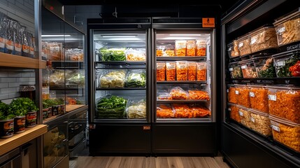 A high-end frozen food packaging with metallic accents and bold typography, displayed in a commercial kitchen freezer