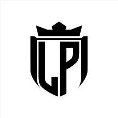 LP Logo with shield shape inside shield badge crown on white background template design