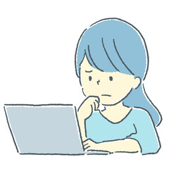 パソコンで悩んでいる女性の素材イラスト