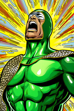 Energischer Superheld in intensiver Action im Pop-Art-Stil (KI generiert)