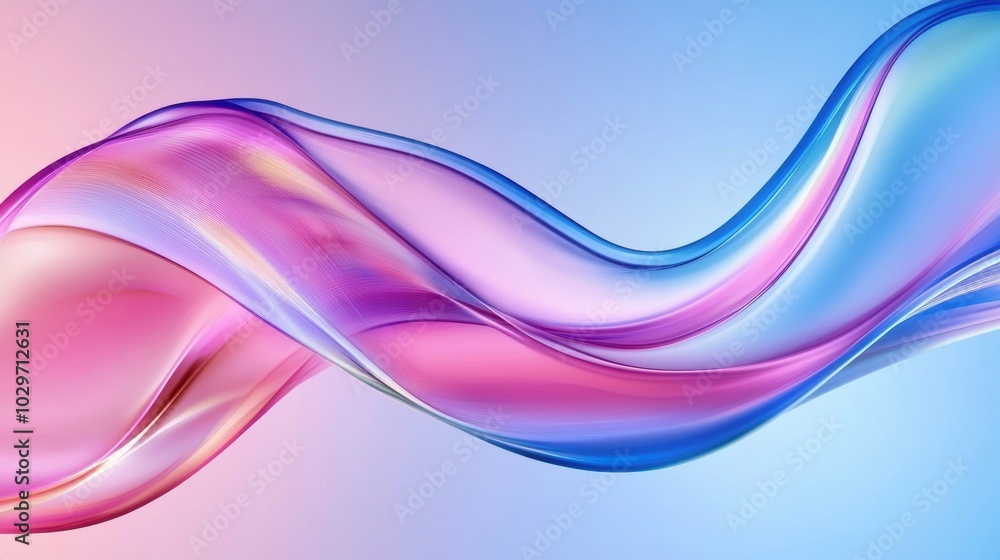 Poster flowing pastel waves in soft pink and blue hues, creating a smooth and elegant abstract design with 
