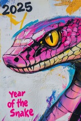 2025 Chinese new year of the snake with pink scales and yellow eyes graffiti tagged on a white...