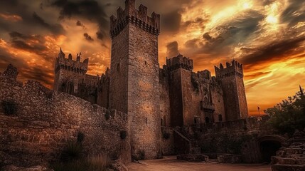Fototapeta premium An imposing medieval castle stands tall against a dramatic sunset sky. The ancient stone structure is a testament to the history and strength of bygone eras.