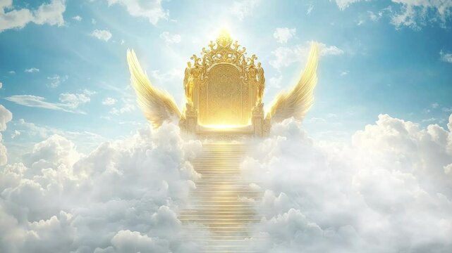 Majestic golden throne of god in heaven in the sky surrounded white clouds and divine sunlight. Christian religion concept. Biblical scene. Second coming of Jesus Christ. 