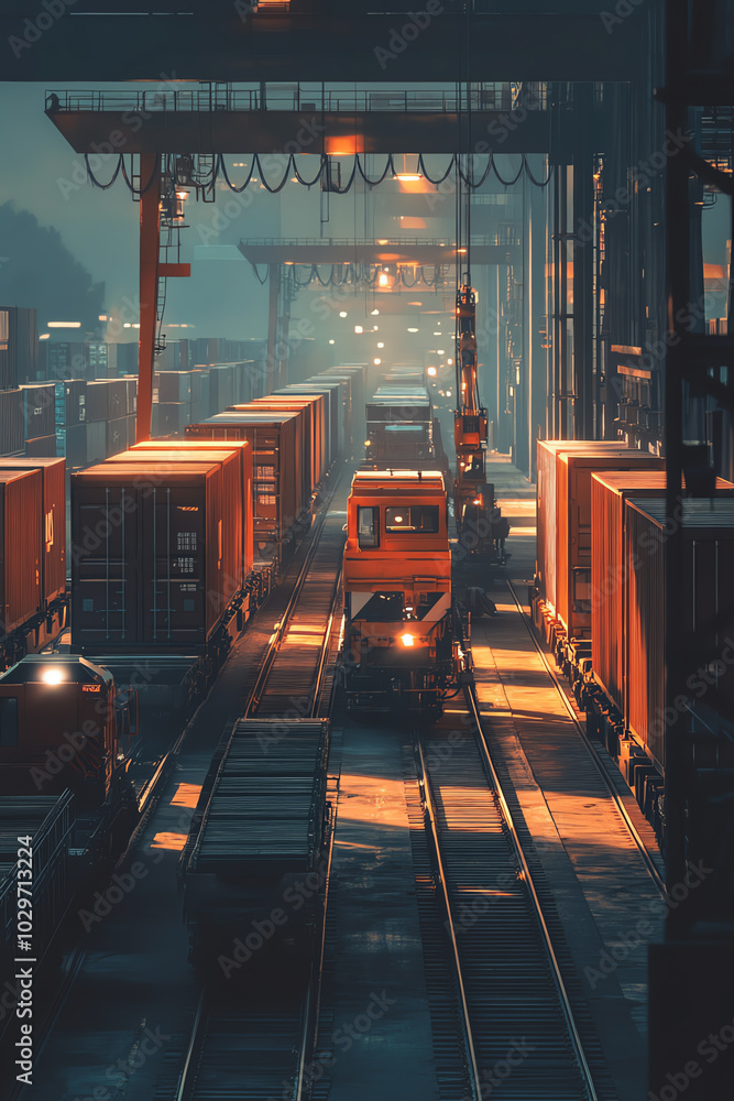 Poster a side view of a logistics team coordinating the loading of goods onto multiple train carriages at a