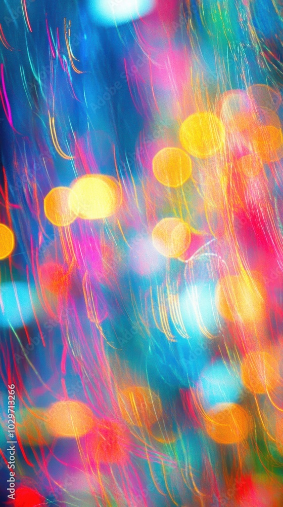 Poster a dynamic abstract image with colorful light streaks and bokeh, blending vibrant neon hues and golde