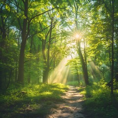 Obraz premium Morning in the green forest. Sun rays through the branches of trees