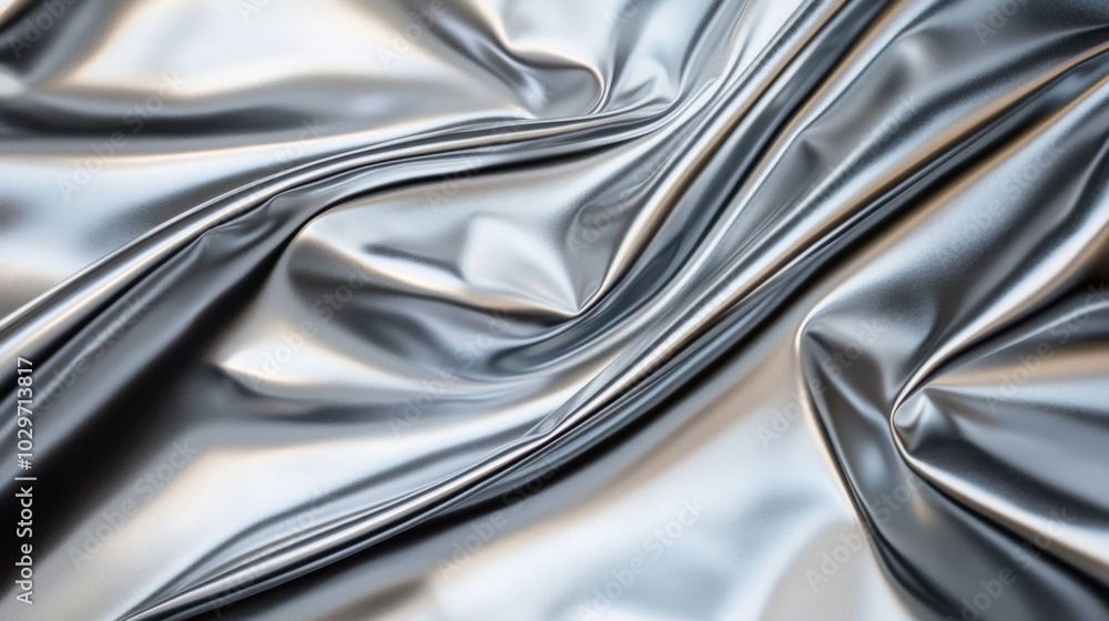 Poster close-up of flowing metallic silver fabric with smooth folds, creating a glossy and fluid abstract t