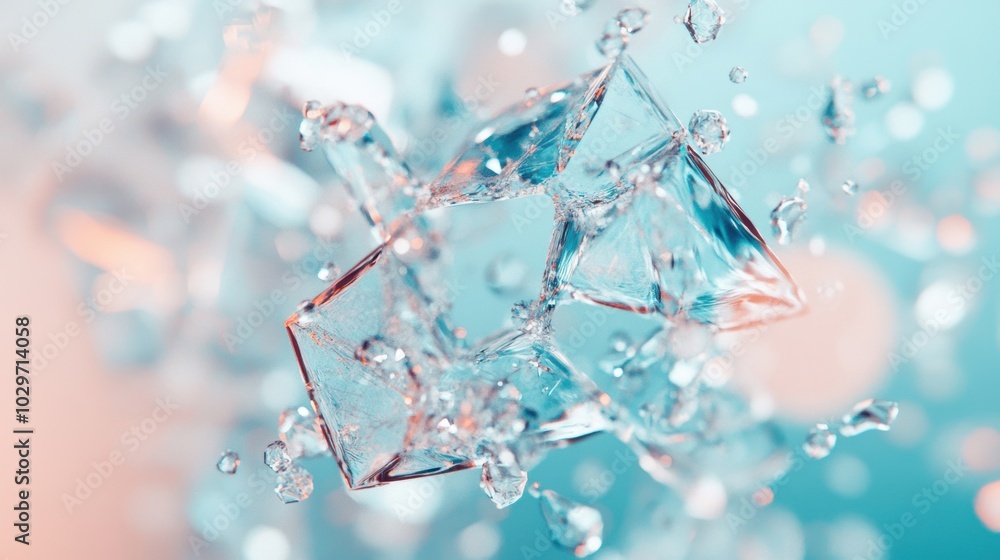 Poster close-up of abstract crystal-like structure surrounded by water droplets, creating a fresh and vibra