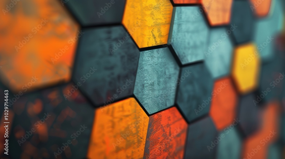 Poster close-up of a colorful hexagonal tile design with textured surfaces in orange, yellow, and teal tone