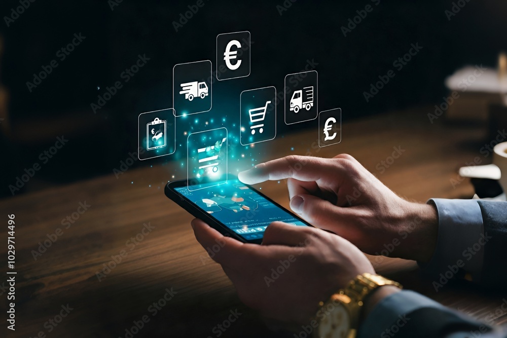 Aufkleber person using smartphone with digital shopping and currency icons floating above the screen.