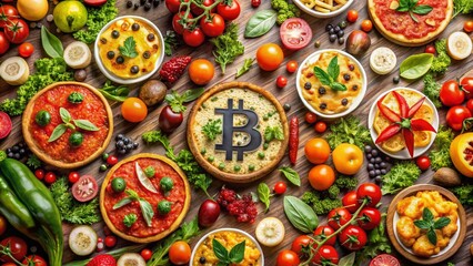 Fototapeta premium Bitcoin Themed Food Photography with Numbers and Symbols for Unique Culinary Art