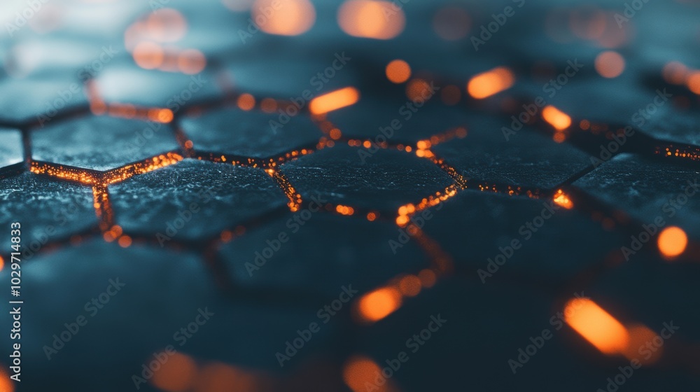 Poster A futuristic hexagonal pattern glows with orange highlights, set against a dark backdrop, creating a high-tech, digital aesthetic.