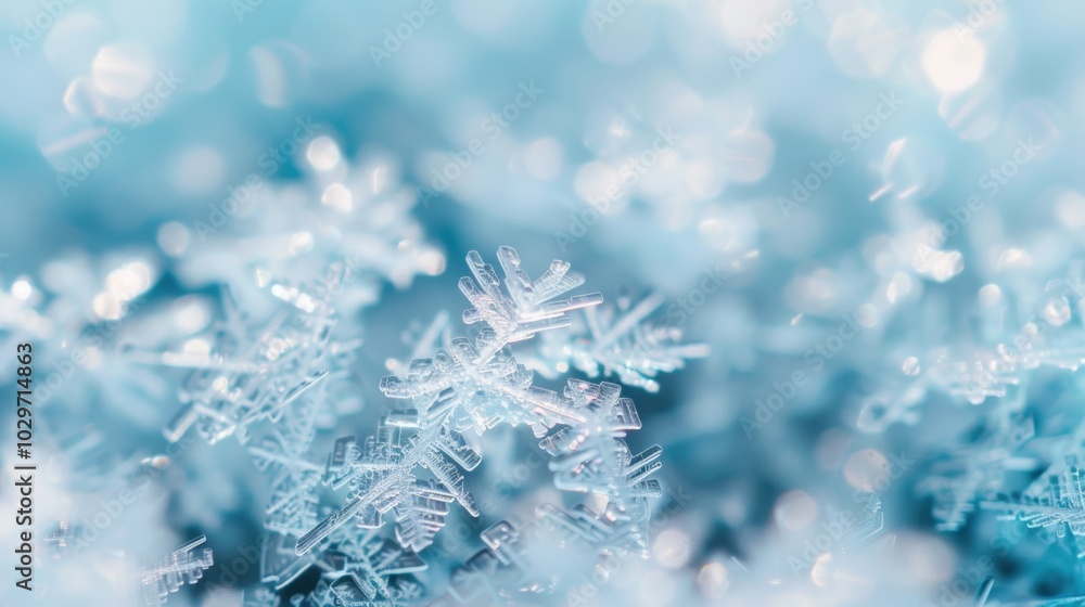 Poster a close-up macro image of detailed snowflakes under soft blue lighting, highlighting their intricate