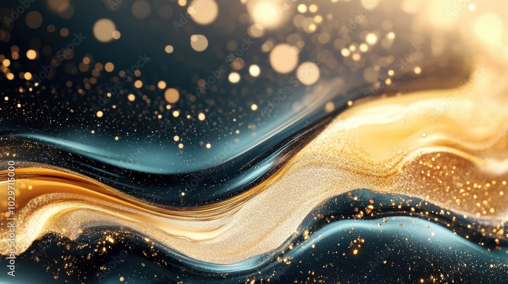 Poster flowing abstract composition with golden and black liquid forms, enhanced by shimmering particles an
