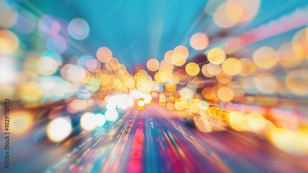 Poster a colorful abstract scene of city lights with a motion blur effect, creating vibrant streaks and bok