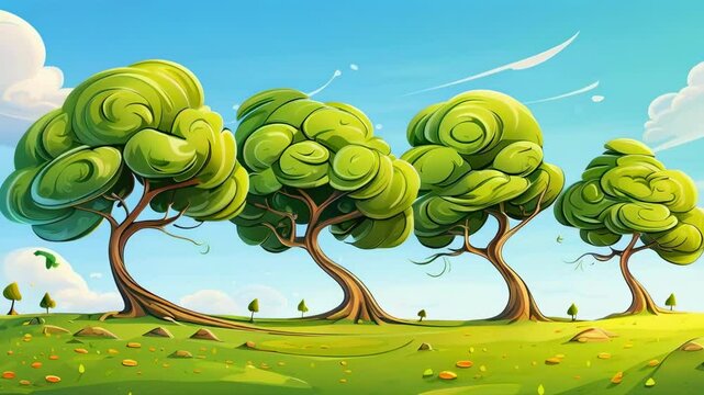 Cartoon Trees Swaying in the Wind