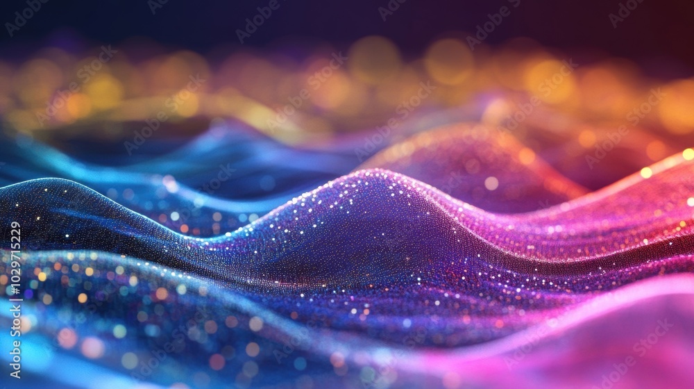Poster abstract image of sparkling waves made from colorful lights with a bokeh effect, creating a futurist