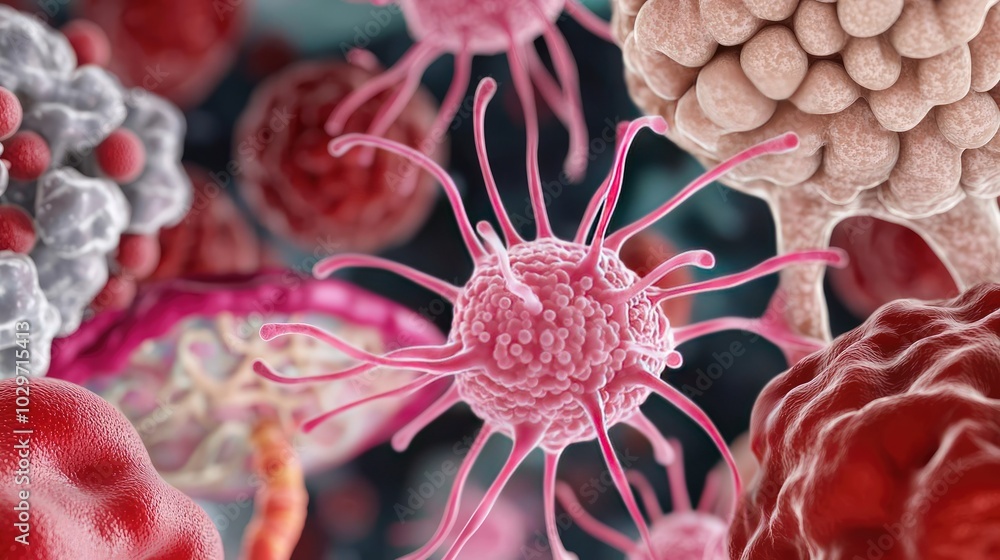 Poster detailed close-up of colorful microorganisms under a microscope.