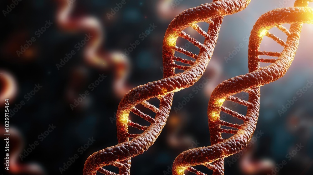 Poster close-up of dna strands with glowing elements, dark background.