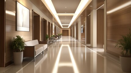 Hospital corridor design with wide walkways, sleek lighting, and functional seating areas