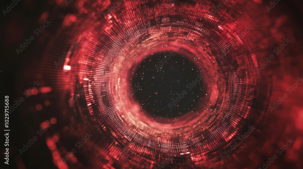 Poster futuristic red vortex tunnel with glowing digital particles, resembling data flow or space-time warp