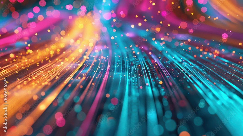 Poster dynamic colorful streaks of light in abstract motion, creating a vibrant, futuristic look with bokeh