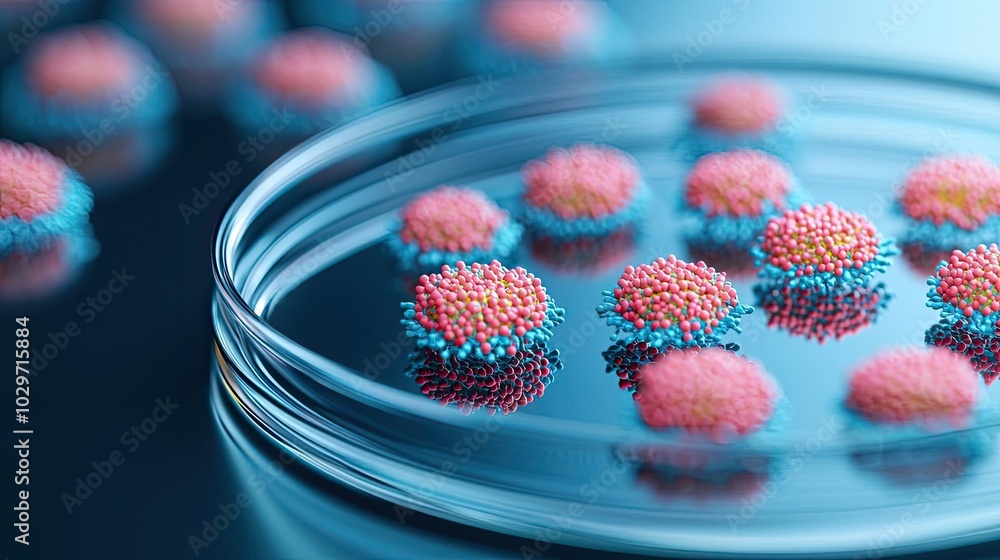 Poster microscopic view of colorful virus-like particles in a petri dish.